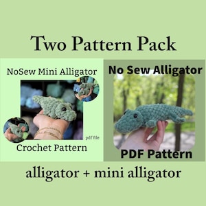 Puede incluir: Dos patrones de crochet para un mini caimán y un caimán más grande. Los patrones están disponibles para descargar en PDF. La imagen muestra un mini caimán verde y un caimán verde.