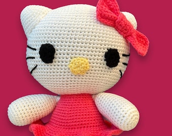 Lindo gato de peluche con lazo de ganchillo / Amigurumi de gatito kawaii hecho a mano / Gato de ganchillo pastel / Regalo de peluche personalizado