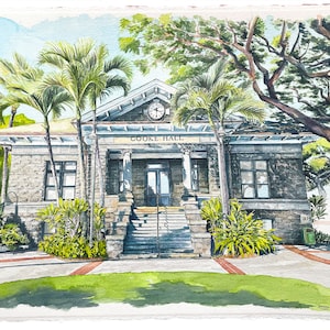 Old Hawaii beautiful stone building architecture - Punahou Cooke Hall | Punahou School Giclee - Hawaii -Oahu - Honolulu