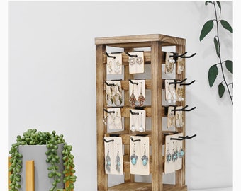 Rotating Jewelry Display Tower- Showcase and Organize Your Collection with 42 Removable Hooks- Earring Display Stand- Oak Color