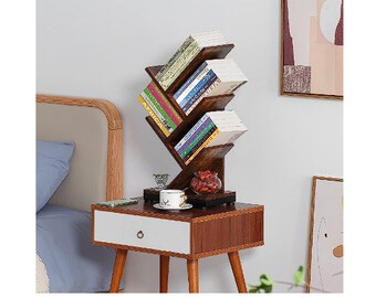 Tree Bookshelf 4-Shelf Floor Standing Bookcase Display for CDs/Magazine/Books, Small Bookshelf for Bedroom, Living Room, Office