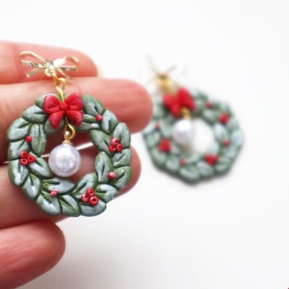 A Christmas Wreath Clay Earrings | Festive Holiday Polymer Clay Jewelry | Lightweight Christmas for Her Handmade Clay  Christmas  Earrings