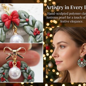 A Christmas Wreath Clay Earrings | Festive Holiday Polymer Clay Jewelry | Lightweight Christmas for Her Handmade Clay Christmas Earrings image 3