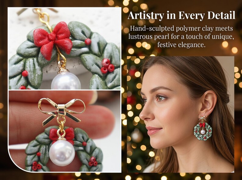 A Christmas Wreath Clay Earrings | Festive Holiday Polymer Clay Jewelry | Lightweight Christmas for Her Handmade Clay Christmas Earrings image 3