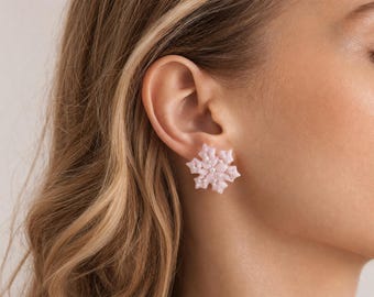 Pink Snowflake Earrings, Handmade Winter Studs, Pearl Polymer Clay Jewelry, Christmas Gift for Her, Dainty Pastel Earrings