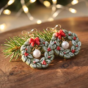 A Christmas Wreath Clay Earrings | Festive Holiday Polymer Clay Jewelry | Lightweight Christmas for Her Handmade Clay Christmas Earrings Green  Wreath