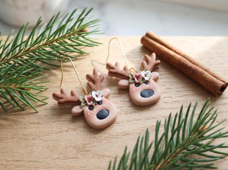 A Christmas Wreath Clay Earrings | Festive Holiday Polymer Clay Jewelry | Lightweight Christmas for Her Handmade Clay Christmas Earrings Reindeer
