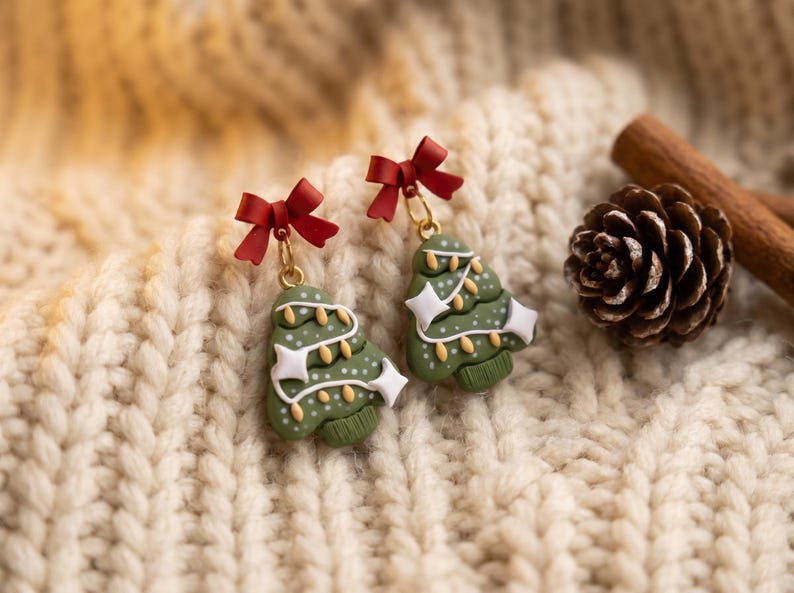 A Christmas Wreath Clay Earrings | Festive Holiday Polymer Clay Jewelry | Lightweight Christmas for Her Handmade Clay Christmas Earrings Christmans Tree