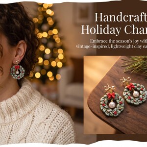 A Christmas Wreath Clay Earrings | Festive Holiday Polymer Clay Jewelry | Lightweight Christmas for Her Handmade Clay Christmas Earrings image 4