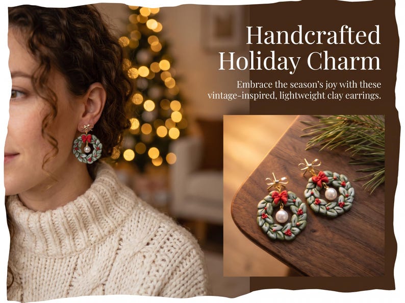 A Christmas Wreath Clay Earrings | Festive Holiday Polymer Clay Jewelry | Lightweight Christmas for Her Handmade Clay Christmas Earrings image 4