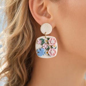 Blue Bird Floral Earrings, Handmade Polymer Clay Dangle Earrings, Spring Flower Jewelry, Cute Nature Earrings, Garden Gift for Her