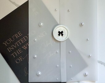 Handmade Vellum Invitation Jacket with Pearls - 5x7 Translucent Sleeve