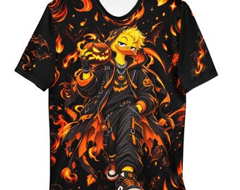メンズ ハロウィン ダック ストリートウェア オールオーバー Tシャツ – カボチャ、炎、コウモリが描かれたアヒル柄