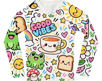 UPF 50+ グッドバイブス カワイイ 子供用スイムシャツ – 男の子用 総柄長袖Tシャツ
