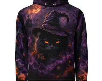 ユニセックス オールオーバー ブラック ウィッチ キャット ハロウィン スウェットシャツ – リサイクル パープル ゴシック スウェットシャツ