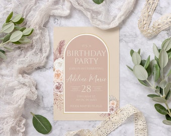 Boho Birthday Invitation with Pampas and Girly Florals  |  Digital Download Printable  |  Customize to Print or E-Vite