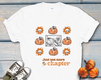Camiseta de lectura de esqueleto, cuello redondo de esqueleto de Halloween, camisa de Halloween de calabaza