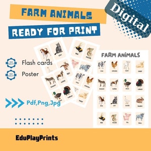 Farm Animals Flashcards and Poster-Montessori Educational Material
