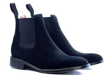 Bottines chelsea en cuir suédé noires avec semelle en cuir | Bottines décontractées pour hommes faites main pour les fêtes | Chaussures en cuir haut de gamme pour hommes