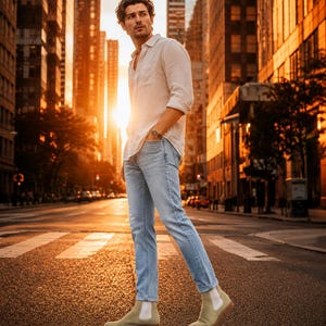 Op de afbeelding: Een lichtgekleurd overhemd met lange mouwen en een borstzak, een lichtblauwe spijkerbroek met rechte pijpen en beige su&egrave;de Chelsea boots. De outfit wordt gecompleteerd met een polshorloge met een bruine leren band.