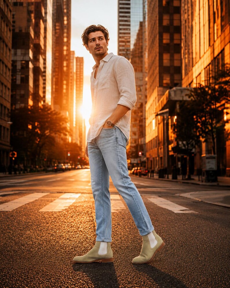 Op de afbeelding: Een lichtgekleurd overhemd met lange mouwen en een borstzak, een lichtblauwe spijkerbroek met rechte pijpen en beige su&egrave;de Chelsea boots. De outfit wordt gecompleteerd met een polshorloge met een bruine leren band.