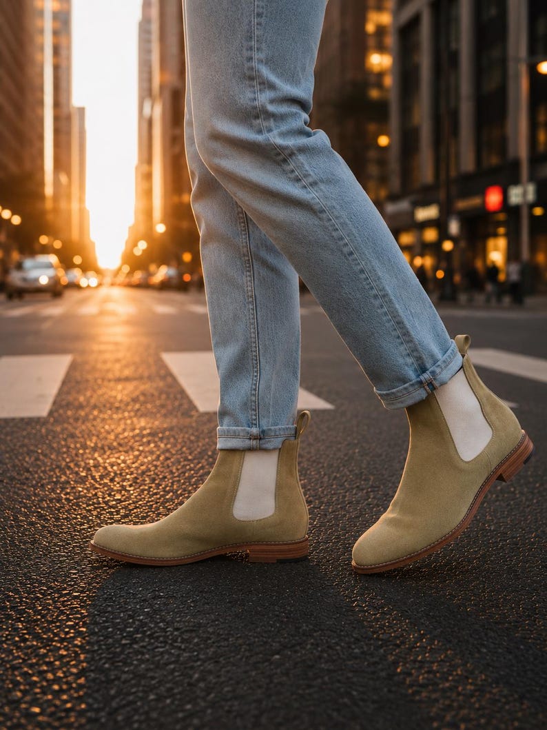 Op de afbeelding: Lichtbruine su&egrave;de Chelsea boots met elastische zijpanelen en een lage hak, gedragen met een lichtblauwe spijkerbroek. De laarzen hebben een ronde neus, een treklipje bij de hiel en een bruine zool, in een klassiek instapmodel voor enkellaarzen.