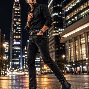 Peut inclure: Une chemise noire &agrave; manches longues boutonn&eacute;e, un jean noir et des bottines Chelsea en daim noir. La tenue comprend une ceinture en cuir noir avec une boucle m&eacute;tallique et une montre-bracelet au cadran sombre avec un bracelet en cuir noir.