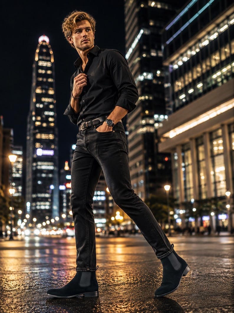 Peut inclure: Une chemise noire &agrave; manches longues boutonn&eacute;e, un jean noir et des bottines Chelsea en daim noir. La tenue comprend une ceinture en cuir noir avec une boucle m&eacute;tallique et une montre-bracelet au cadran sombre avec un bracelet en cuir noir.