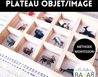 Plateau tri association objet image + 12 figurines, boîte de tri Montessori bois, activité ludique maternelle, activité enfant