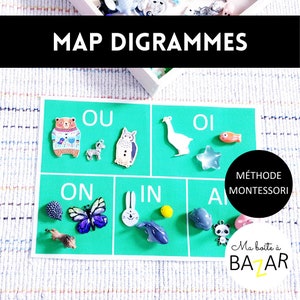 Kartendigraphen + Figuren, Montessori-Phonologie, Tiere, OEKO-TEX-Bio-Baumwollstoffkarten, Kinderaktivität