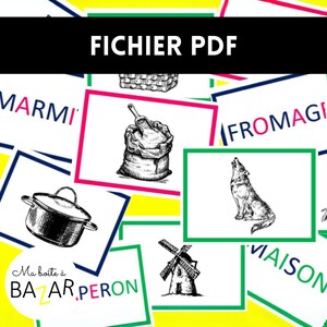 Peut inclure: Un ensemble de cartes imprimables colorées avec des images et des mots en français. Les mots incluent "marmite", "fromage", "maison", et "bazar". Les cartes sont conçues pour apprendre le vocabulaire français.