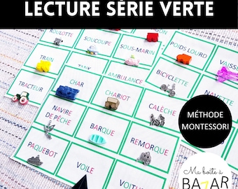 Maps lecture série verte + figurines, Dictées muettes Montessori, Véhicules, Maps tissu coton bio OEKO-TEX, Activité enfant