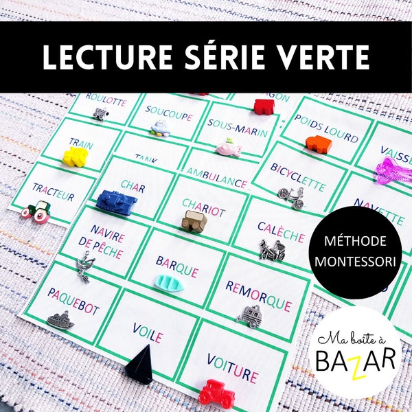 Maps lecture série verte + figurines, Dictées muettes Montessori, Véhicules, Maps tissu coton bio OEKO-TEX, Activité enfant