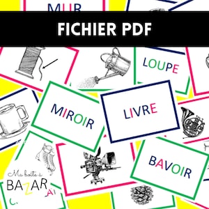 Peut inclure: Un jeu de cartes éducatives colorées avec des images et des mots en français. Les mots incluent "Loup", "Miroir", "Livre", "Bavoir", et "Loupe".