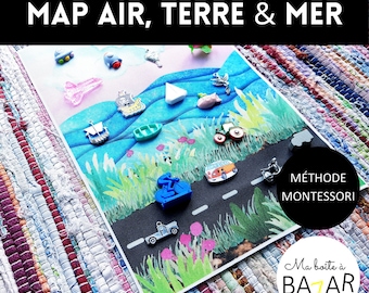 Mapa Aire, tierra y mar + figuritas, vehículos pequeños para clasificación Montessori, actividad infantil