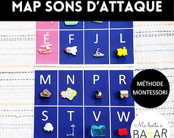 Maps phonologie sons d'attaque + figurines, Montessori, Véhicules, Maps tissu coton bio OEKO-TEX, Activité enfant