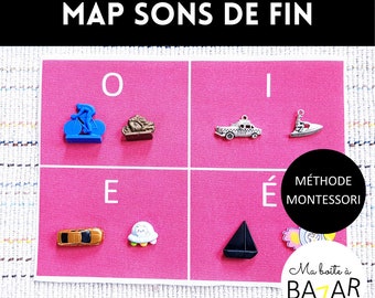 Map phonologie sons de fin (simple) + figurines, Montessori, Véhicules, Maps tissu coton bio OEKO-TEX, Activité enfant