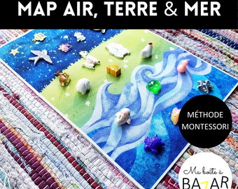 Mapa Aire, tierra y mar + figuras, pequeños animales para clasificación Montessori, actividad infantil