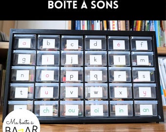 Sound box with labels, sorting small objects, Montessori, children's activity, preschool, phonics, cycle 1, initial sounds