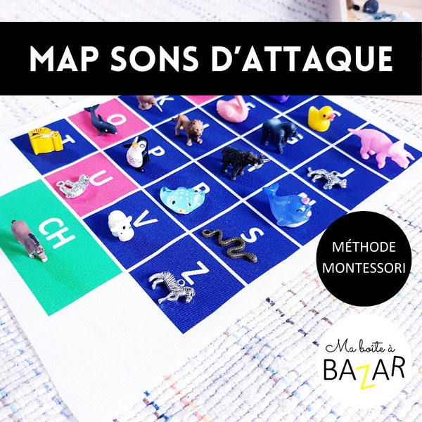 Map sons d'attaque + figurines, Phonologie Montessori, Animaux, Maps tissu coton bio OEKO-TEX, Activité enfant