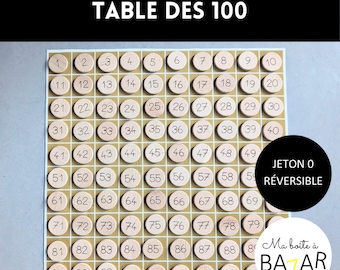 Table des 100 avec jeton réversible, Montessori, activité mathématiques, enfant maternelle