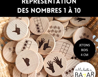 Wooden tokens representing numbers from 1 to 10, mathematics, MHM