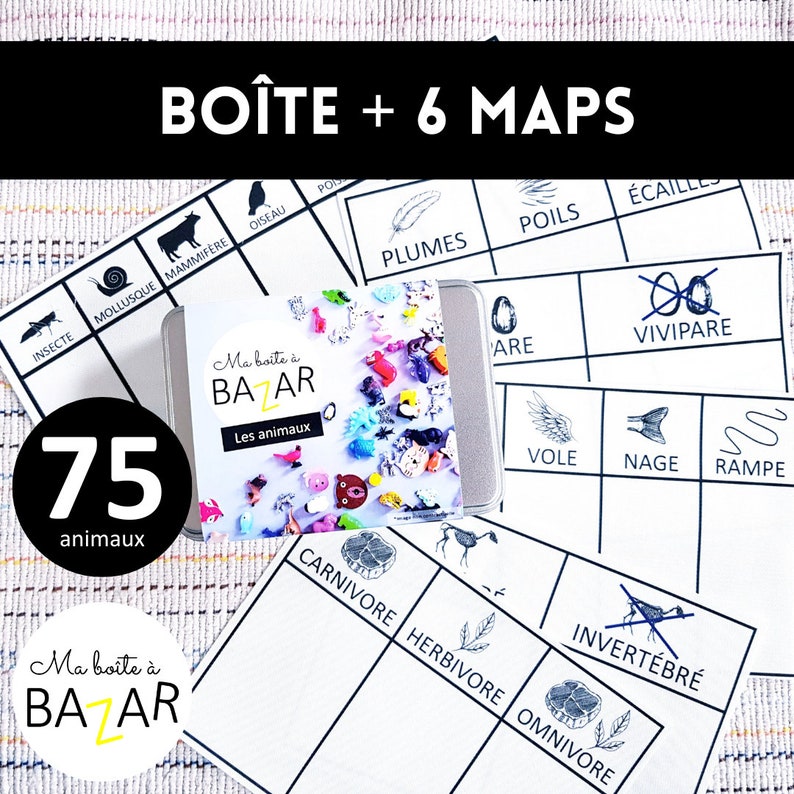 Ma boîte à bazar des animaux, petits objets pour tri Montessori, activité enfant Boîte + 6 DDM