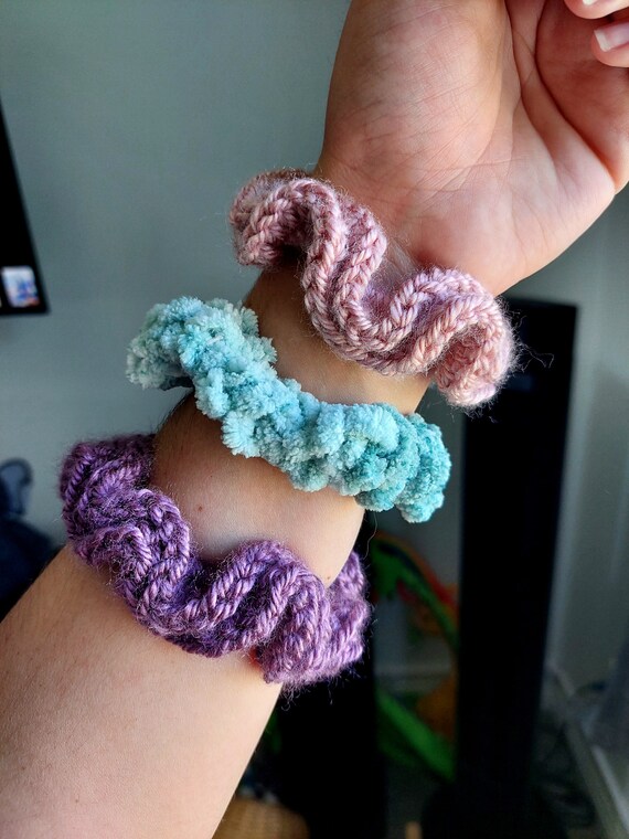 Handmade Multicolor Crochet Scrunchie Cap - Teal, Gray & Purple Sparkle Crochet Scrunchie Purple Silver Teal Navy Blue Green  main image 4