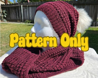 Patrón de crochet: conjunto de gorro holgado y bufanda infinita con punto abullonado, patrón de gorro de crochet, patrón de crochet de bufanda infinita