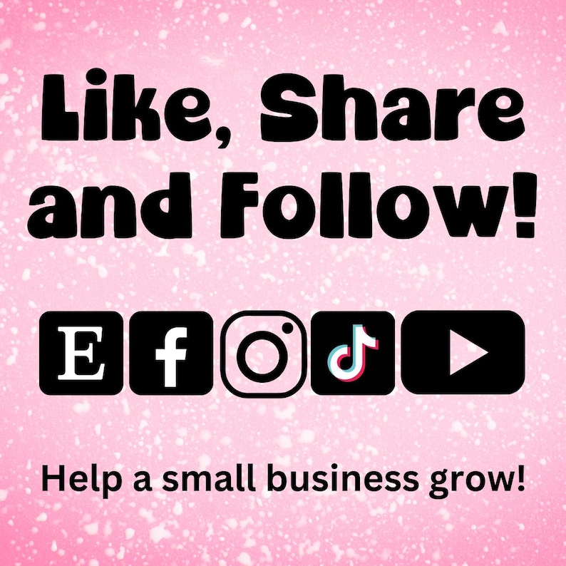 Puede incluir: Fondo rosa con el texto "Like, Share and Follow!" en negro. Debajo del texto hay cinco iconos de redes sociales: una "E" blanca en un cuadrado negro, una "f" blanca en un cuadrado azul, un icono de c&aacute;mara blanca en un cuadrado negro, una nota musical blanca en un cuadrado negro y un bot&oacute;n de reproducci&oacute;n blanco en un cuadrado negro. Debajo de los iconos est&aacute; el texto "Help a small business grow!" en negro.