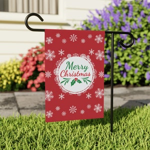 Merry Christmas Garden Flag, Red and Green Merry Christmas Script with Snowflakes Design Garden Banner, Holiday Yard Flag