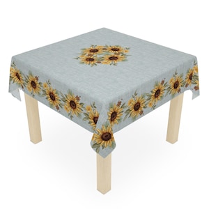 Sunflowers Texture Polyester Tablecloth, Rustic Sunflower Centerpiece Tablecloth, 55x55 Square Polyester Light Blue-Green, Kitchen Decor