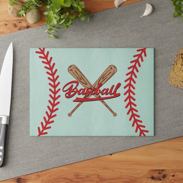 Baseball Inspired Glass Cutting Board with Red Laces and Bats - 8 x 11 or 11 x 15, Baseball Glass Cutting Board, Baseball Kitchen Accessory