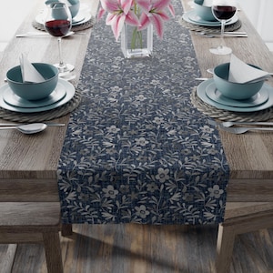 Chic Floral Table Runner, Denim Blue Textured Look Polyester Kitchen Decor, Dining Table Accent, Boho Home Styling, 16 x 72 or 16 x 90in